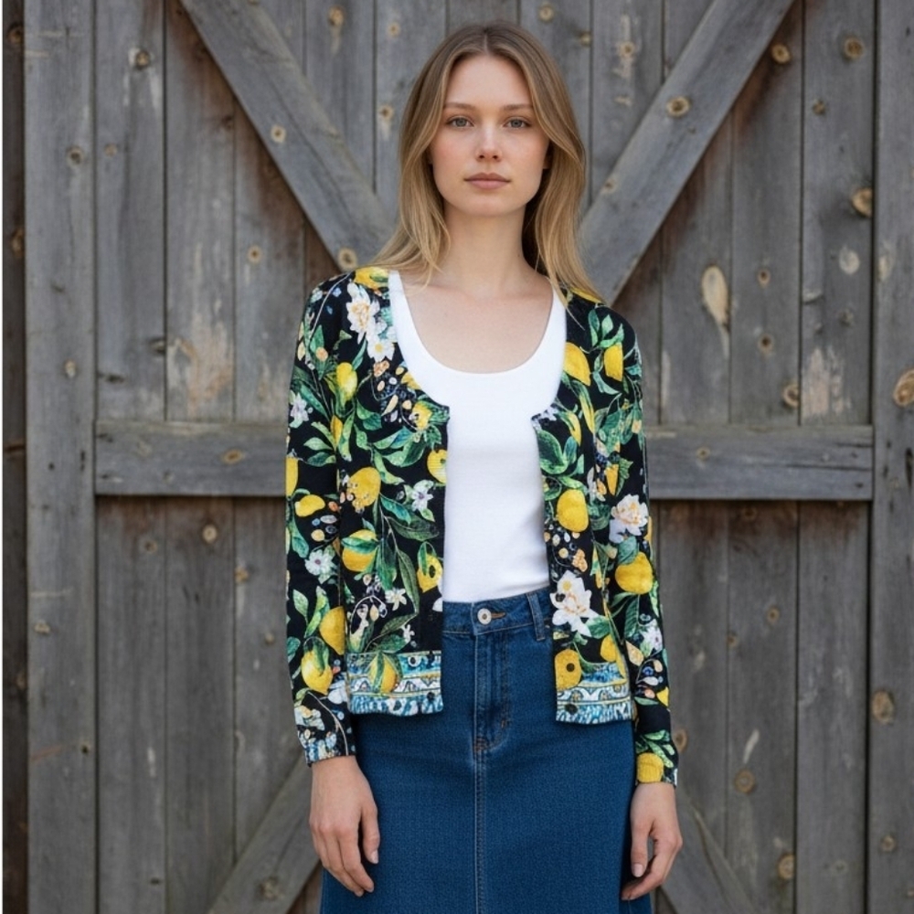 Boston Proper Black Lemon & Green Cardigan